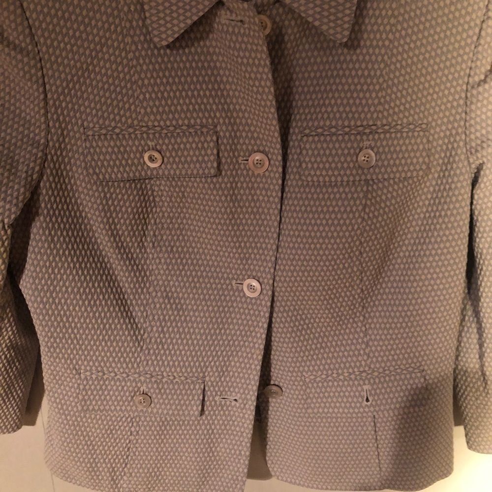 Worth/beige grey plaid tweed button front blazer collared w 4 front pockets